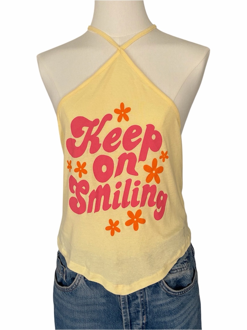NWOT Urban Outfitters Yellow Halter Camisole with Pink Text & Orange Flowers